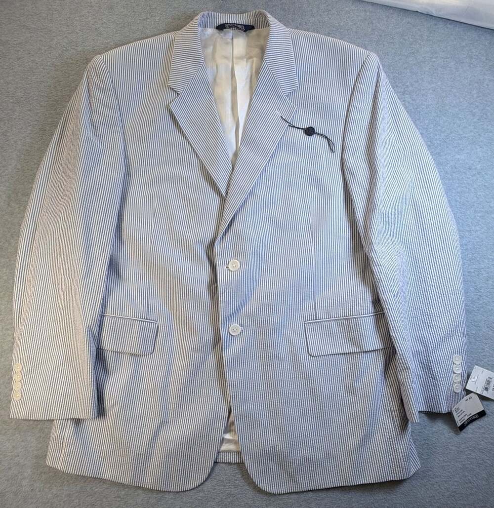 Stafford Seersucker Suit Jacket Size 44R Blue White Stripe Cotton Blazer